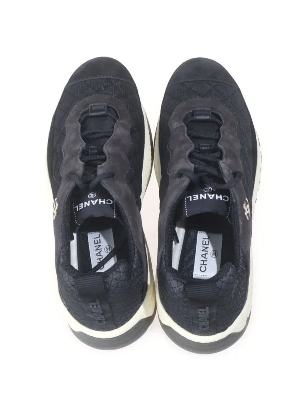 Chanel CC Logo Fabric Suede Low Cut Sneakers Black